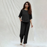 Black 100% Cotton Solid Mid-Rise Elasticated Pant