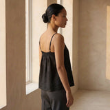 Black 100% Cotton Spaghetti Strap Top with Elastic Gathered Back