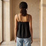 Black 100% Cotton Spaghetti Strap Top with Elastic Gathered Back