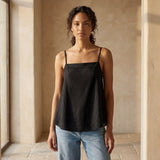 Black 100% Cotton Spaghetti Strap Top with Elastic Gathered Back