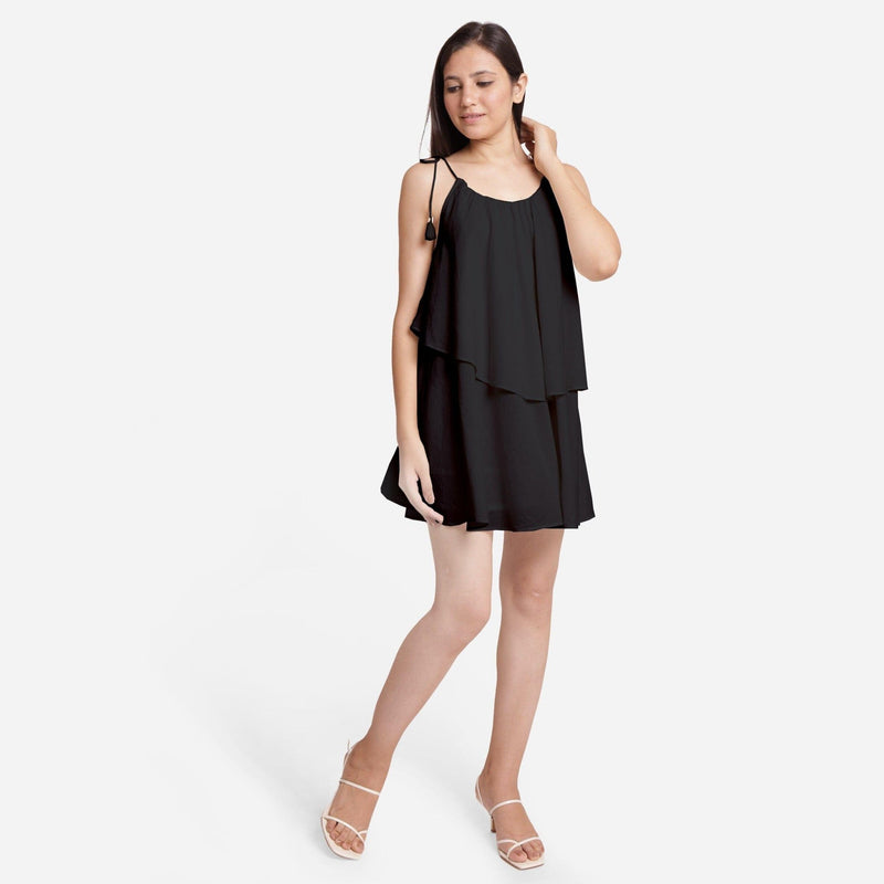 Black 100% Cotton Tie-Up Shoulder Mini Tier Dress