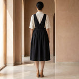 Black 100% Cotton V-Neck Pinafore Midi Wrap Dress
