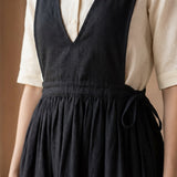 Black 100% Cotton V-Neck Pinafore Midi Wrap Dress