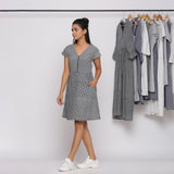 Black and White Checks Cotton Muslin V-Neck Short Dress