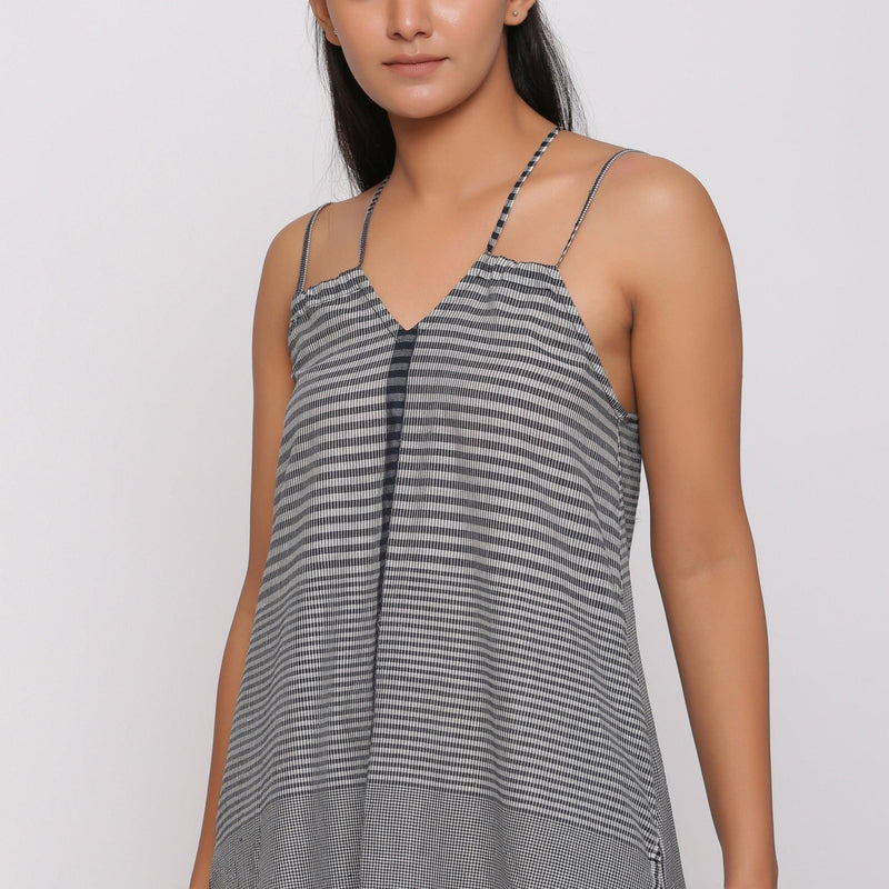 Black and White Checks Handspun Cotton Knee Length Backless Dress