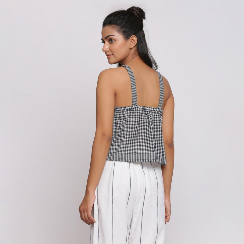 Black and White Checks Strappy Cotton Button-Down Top