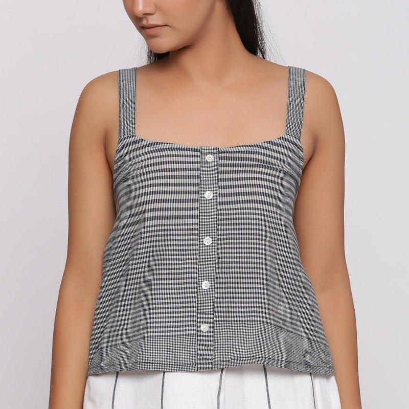 Black and White Checks Strappy Cotton Button-Down Top