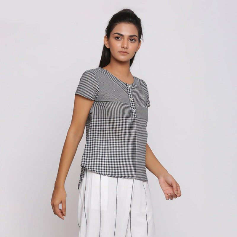 Black and White Checks Yarn Dyed Cotton Round Neck High-Low Top