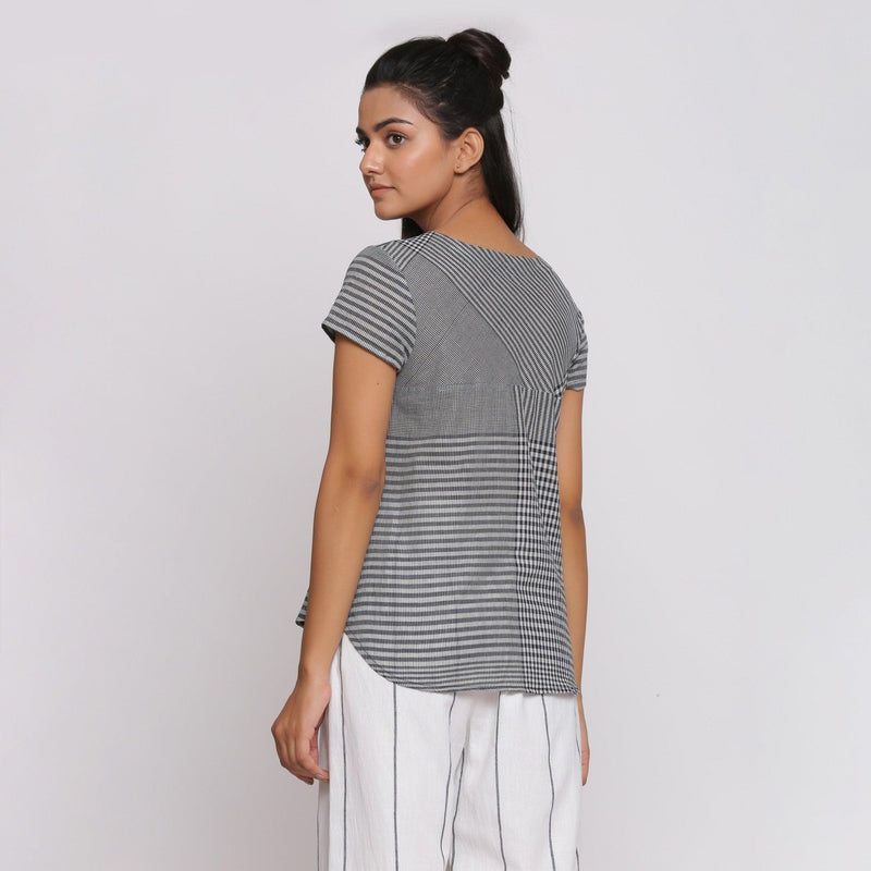 Black and White Checks Yarn Dyed Cotton Round Neck High-Low Top