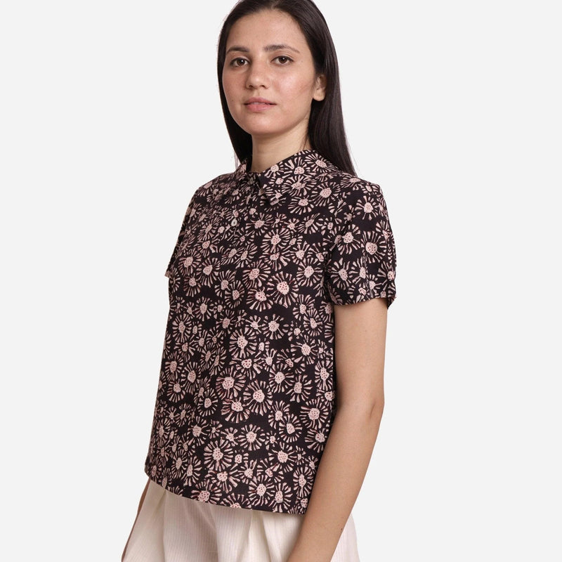 Left View of a Model wearing Bagru Block Print Button-Down Shirt