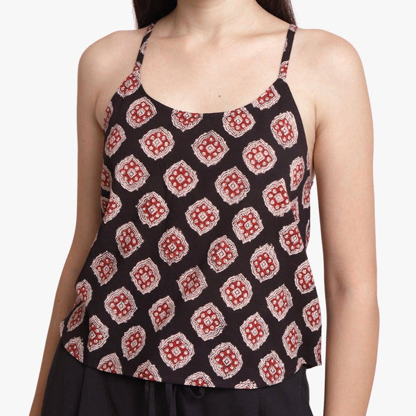 Front View of a Model wearing Bagru Block Printed Cotton A-Line Top