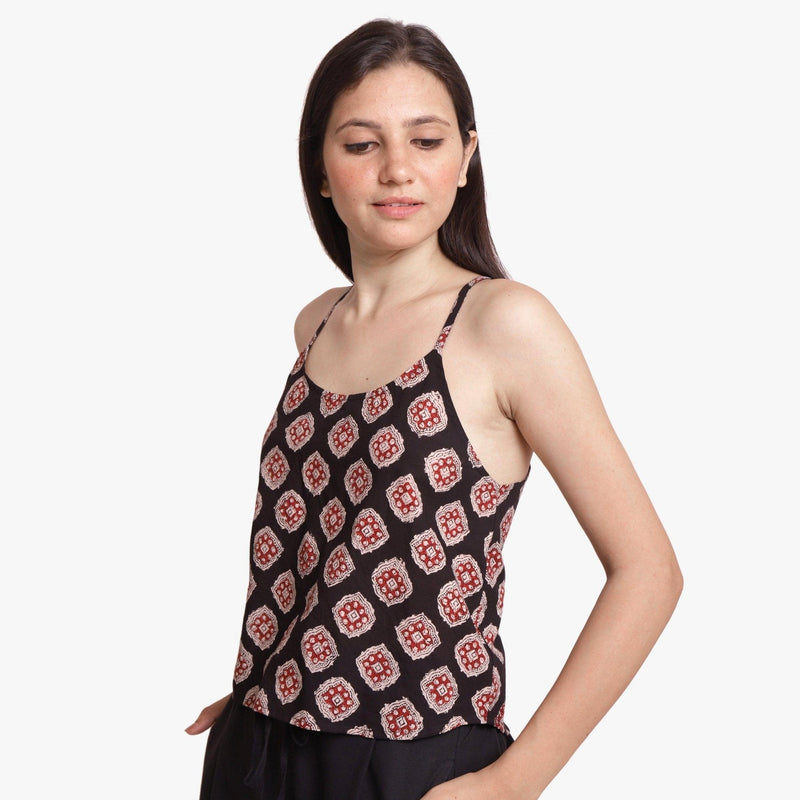 Left View of a Model wearing Bagru Block Printed Cotton A-Line Top