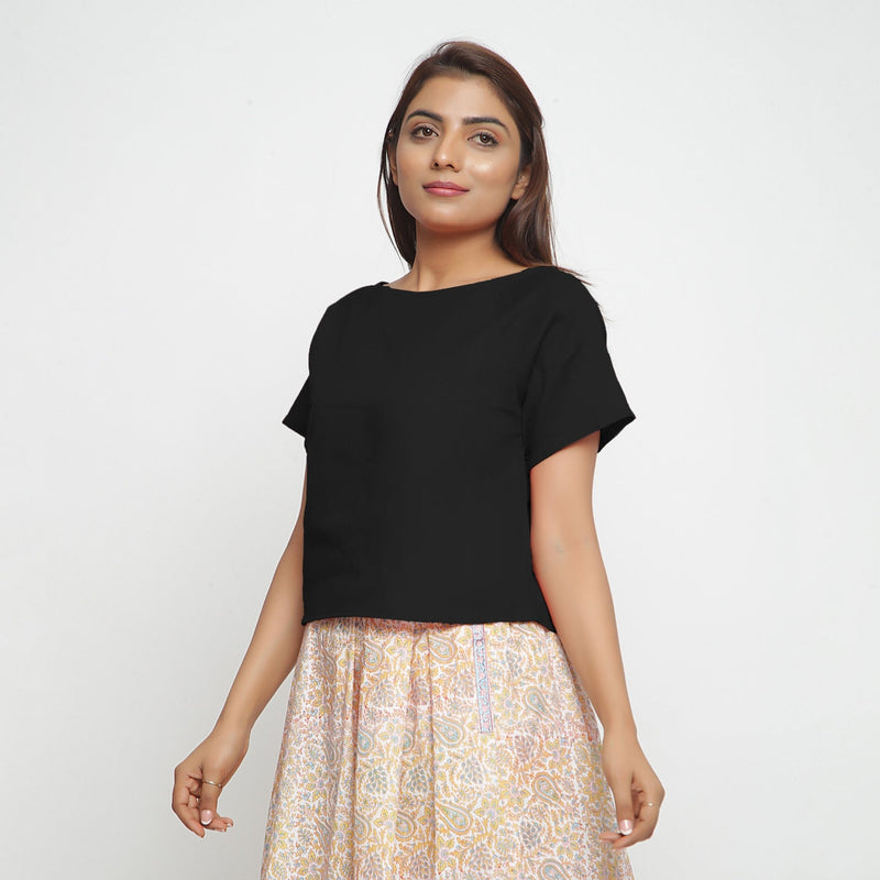 Black Boat Neck Half Sleeve 100% Cotton Top