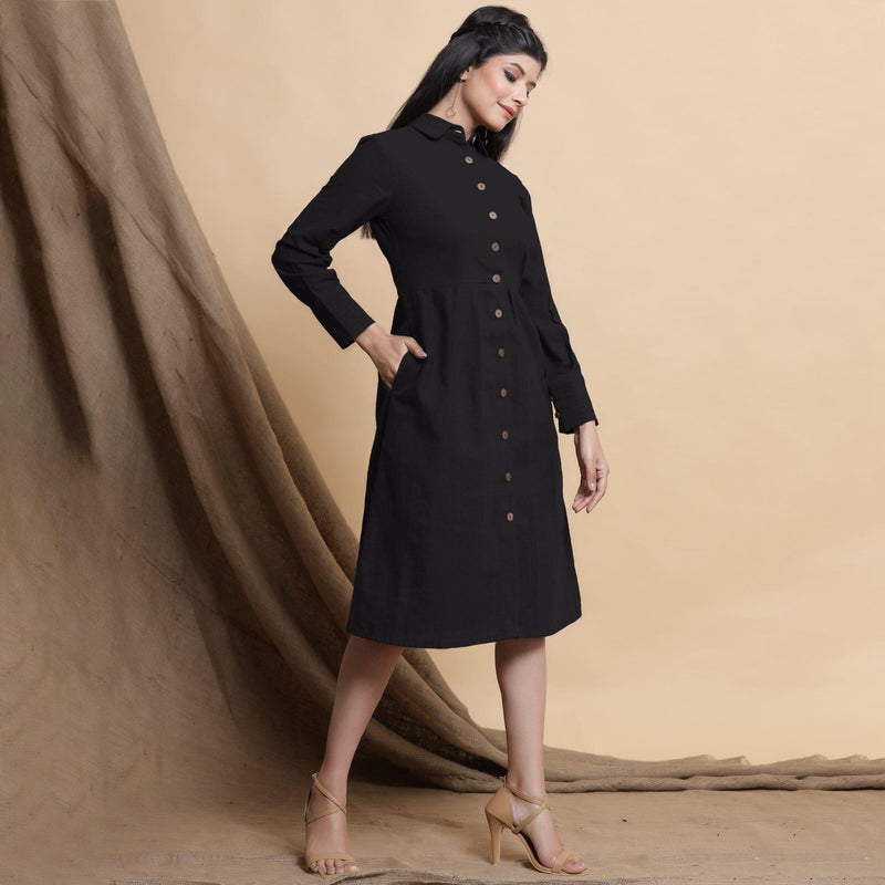Black Button Down Cotton Flax Knee Length Formal Dress 38" / Tall (5'7" and above) Black Button Down Cotton Flax Knee Length Formal Dress 38" / Tall (5'7" and above)
