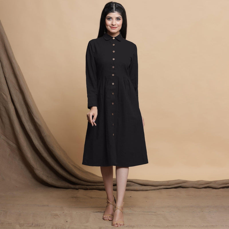 Black Button Down Cotton Flax Knee Length Formal Dress 48" / Regular (5'2" - 5'6") Black Button Down Cotton Flax Knee Length Formal Dress 48" / Regular (5'2" - 5'6")