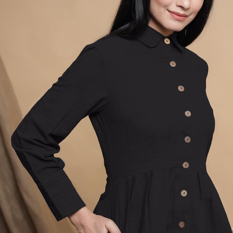 Black Button Down Cotton Flax Knee Length Formal Dress 38" / Tall (5'7" and above) Black Button Down Cotton Flax Knee Length Formal Dress 38" / Tall (5'7" and above)