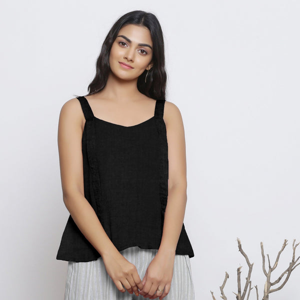 Black Convertible Cotton Linen Tie-Up Top