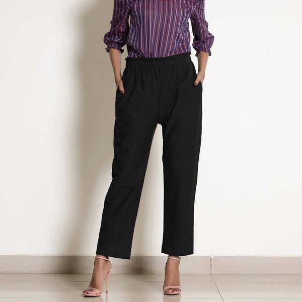 Black Cotton Ankle Length Tapered Pant