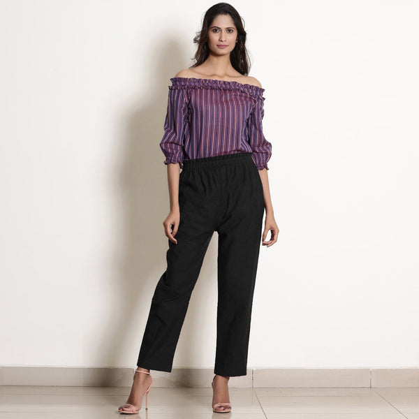 Black Cotton Ankle Length Tapered Pant