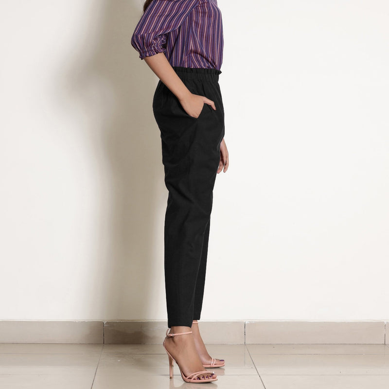Black Cotton Ankle Length Tapered Pant