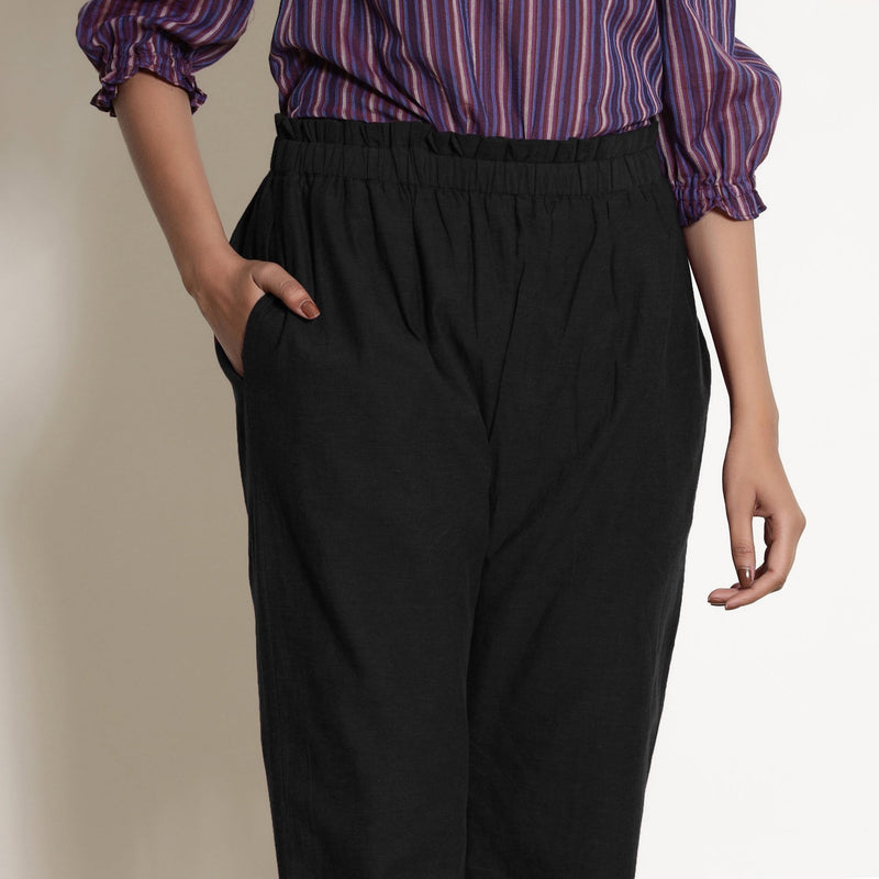 Black Cotton Ankle Length Tapered Pant
