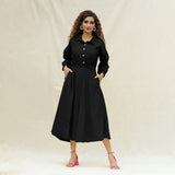 Black Cotton Button-Down Yoked Maxi Dress