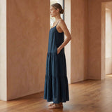 Black Cotton Drop-Waist Camisole Maxi Tier Dress
