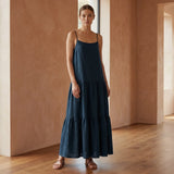 Black Cotton Drop-Waist Camisole Maxi Tier Dress