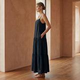 Black Cotton Drop-Waist Camisole Maxi Tier Dress