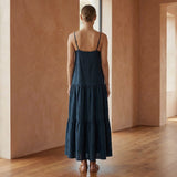Black Cotton Drop-Waist Camisole Maxi Tier Dress