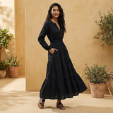 Black Cotton Fit and Flare Maxi Tier Dress