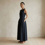 Black Cotton Flannel Sleeveless Paneled Maxi Dress