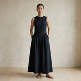 Black Cotton Flannel Sleeveless Paneled Maxi Dress