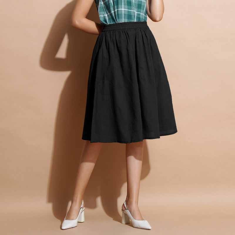 Black Cotton Flared Elasticated Knee Length Skirt 31" / Custom Height (Free) Black Cotton Flared Elasticated Knee Length Skirt 31" / Custom Height (Free)