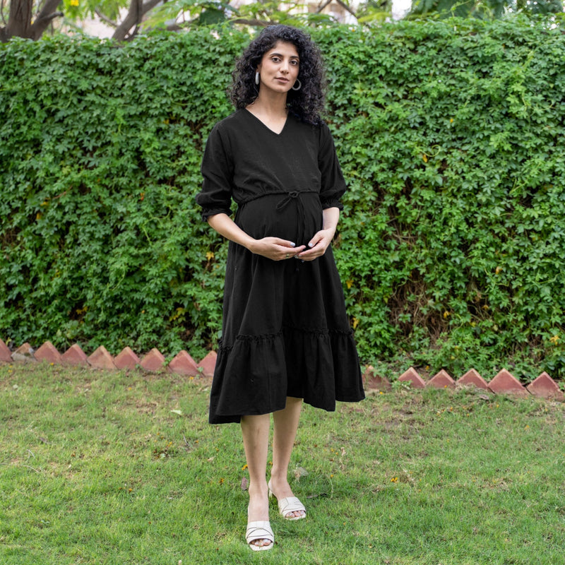 Buy Black Cotton Flax A-Line Knee Length Pre and Post Maternity Dress Online at SeamsFriendly Buy Black Cotton Flax A-Line Knee Length Pre and Post Maternity Dress Online at SeamsFriendly