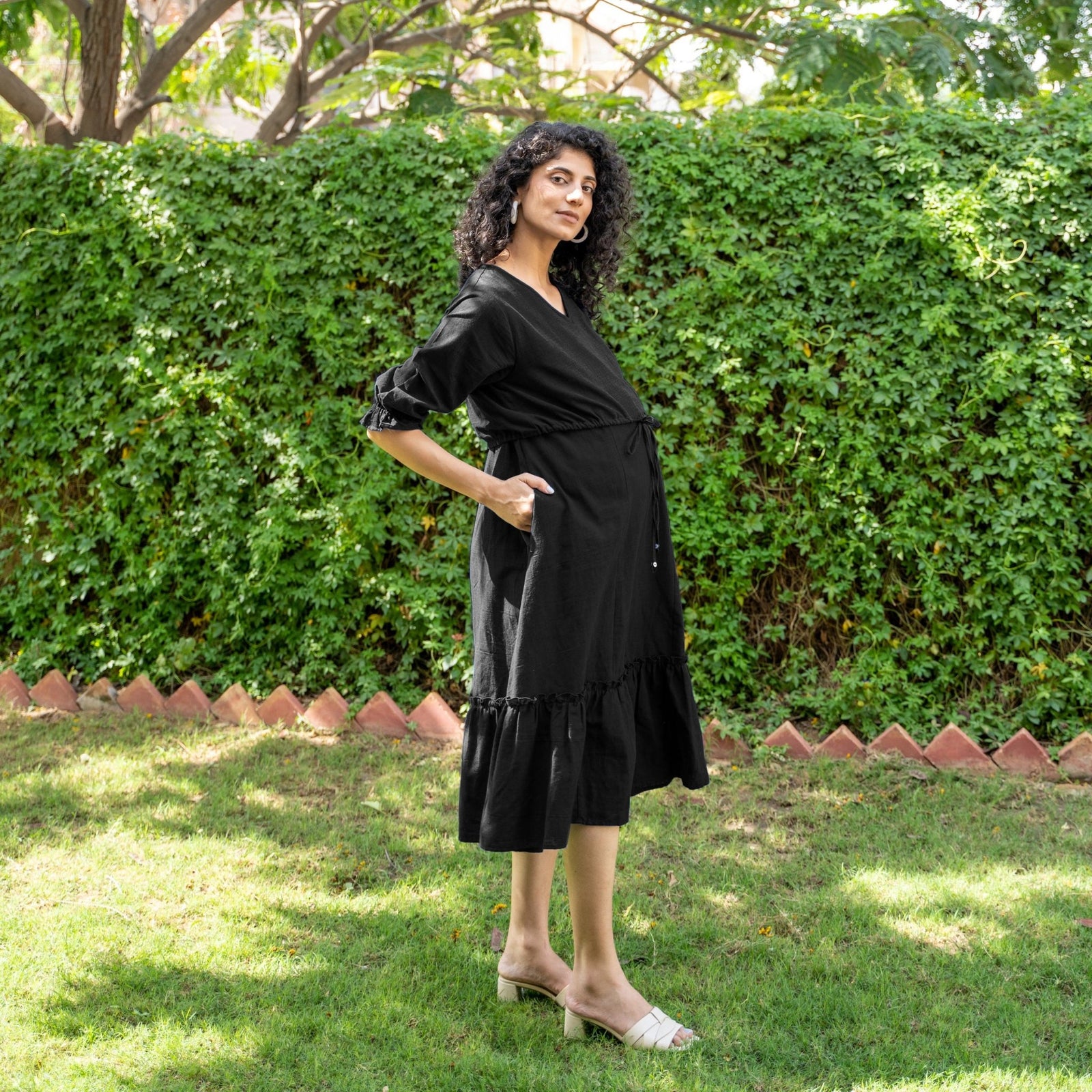 Buy Black Cotton Flax A-Line Knee Length Pre and Post Maternity Dress Online at SeamsFriendly Buy Black Cotton Flax A-Line Knee Length Pre and Post Maternity Dress Online at SeamsFriendly
