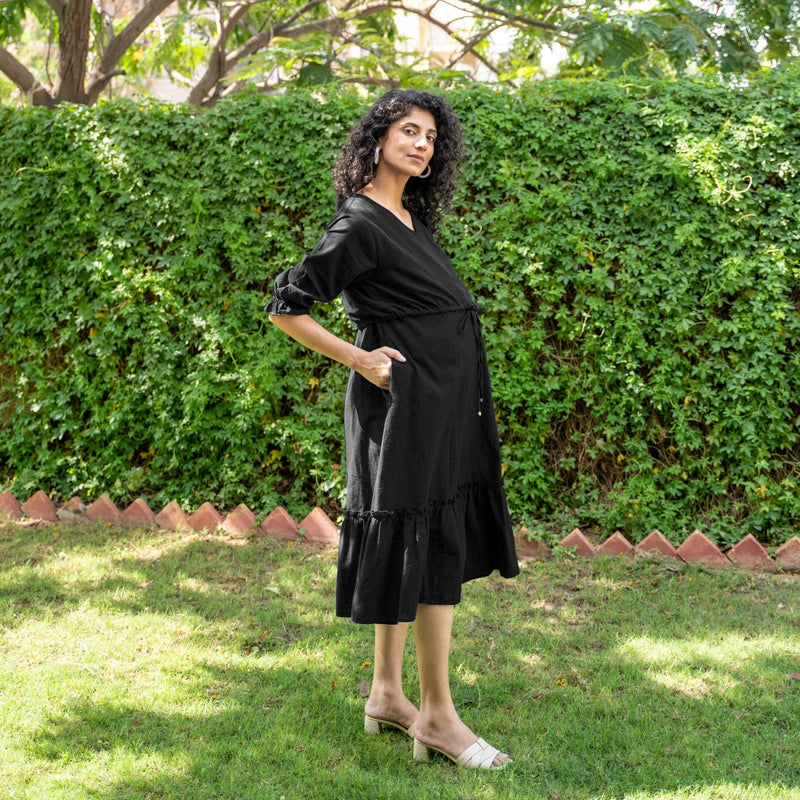 Buy Black Cotton Flax A-Line Knee Length Pre and Post Maternity Dress Online at SeamsFriendly Buy Black Cotton Flax A-Line Knee Length Pre and Post Maternity Dress Online at SeamsFriendly