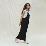 Black Cotton Flax Ankle Length Dungaree Jumpsuit