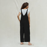 Black Cotton Flax Ankle Length Dungaree Jumpsuit