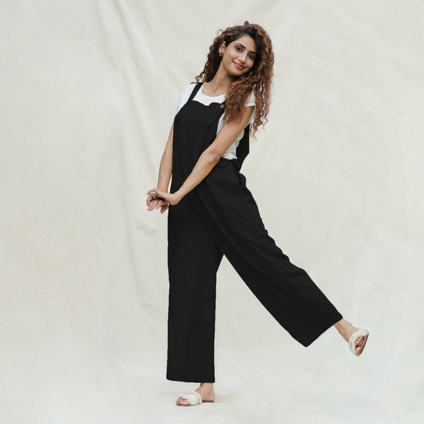 Black Cotton Flax Ankle Length Dungaree Jumpsuit