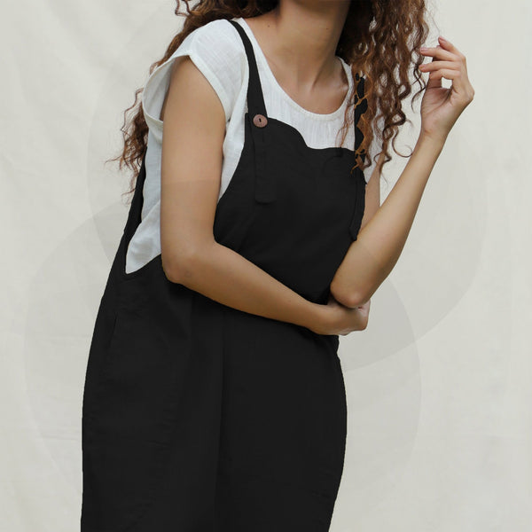 Black Cotton Flax Ankle Length Dungaree Jumpsuit