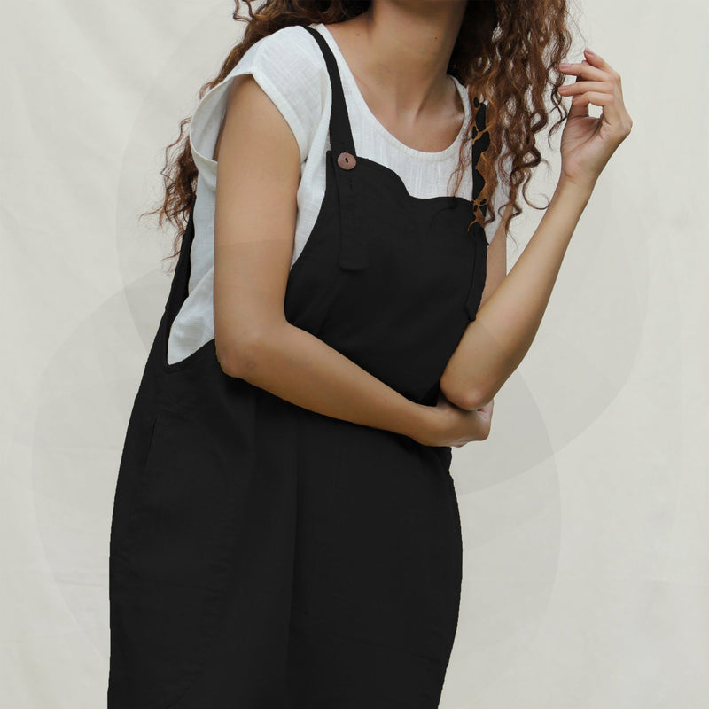 Black Cotton Flax Ankle Length Dungaree Jumpsuit