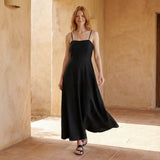 Black Cotton Flax Ankle Length Flared Sundress