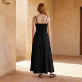 Black Cotton Flax Ankle Length Flared Sundress