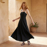 Black Cotton Flax Ankle Length Flared Sundress