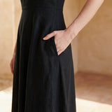 Black Cotton Flax Ankle Length Flared Sundress