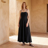 Black Cotton Flax Ankle Length Flared Sundress