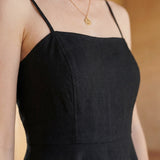Black Cotton Flax Ankle Length Flared Sundress