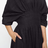 Black Cotton Flax Ankle Length Pleated Flared Dress