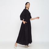 Black Cotton Flax Ankle Length Pleated Flared Dress